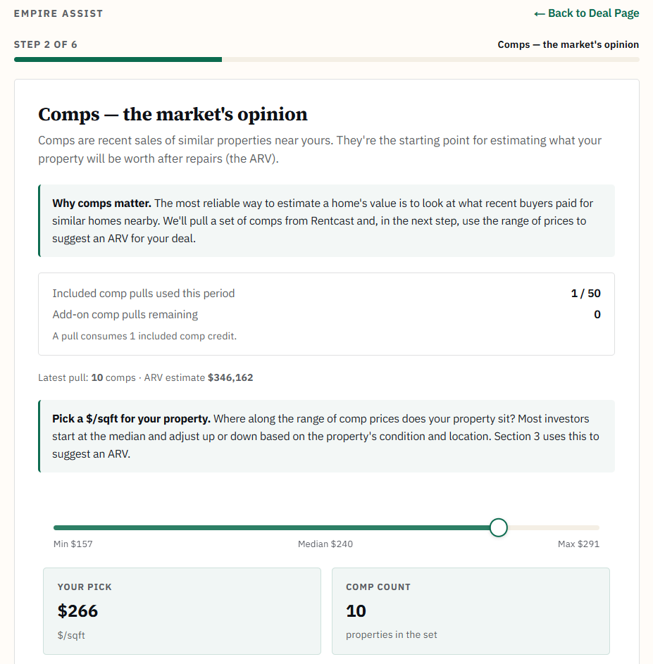 Empire Assist step showing comparable sales and a slider for picking a $/sqft value that drives an ARV estimate.