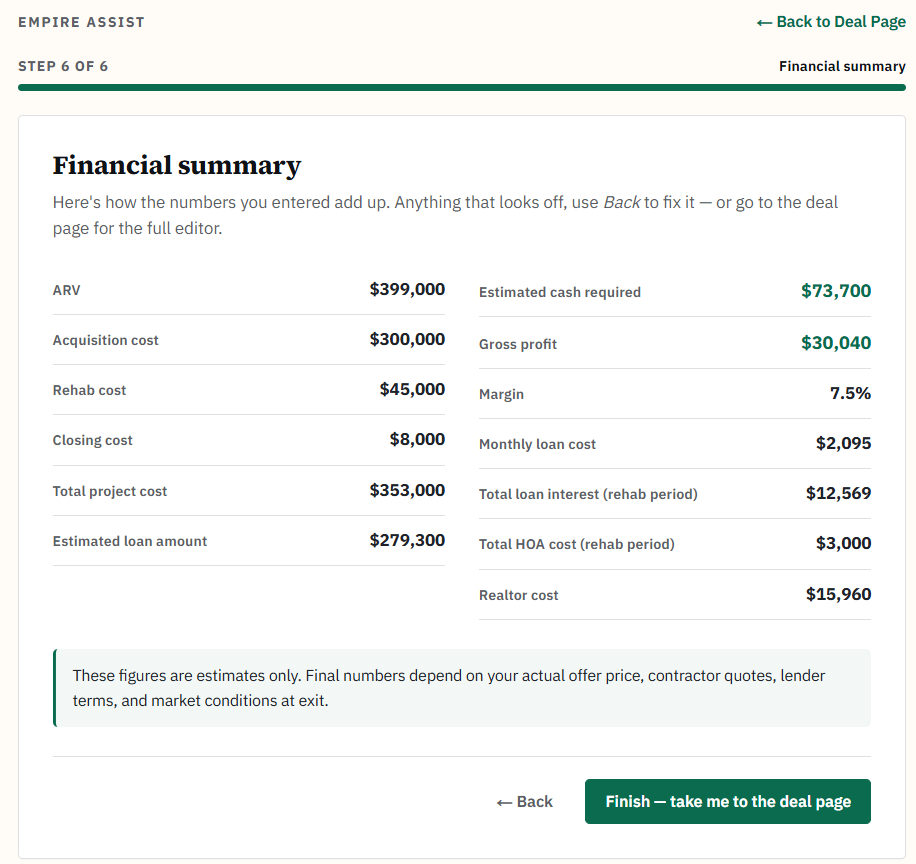 Empire Assist Financial Summary step showing calculated project cost, loan amount, cash required, gross profit and margin.
