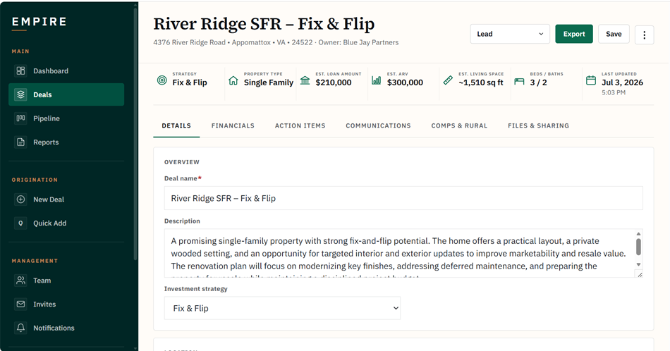 Empire's deal page with the tabbed layout for Details, Financials, Action Items, Communications, Comps & Rural, and Files & Sharing.